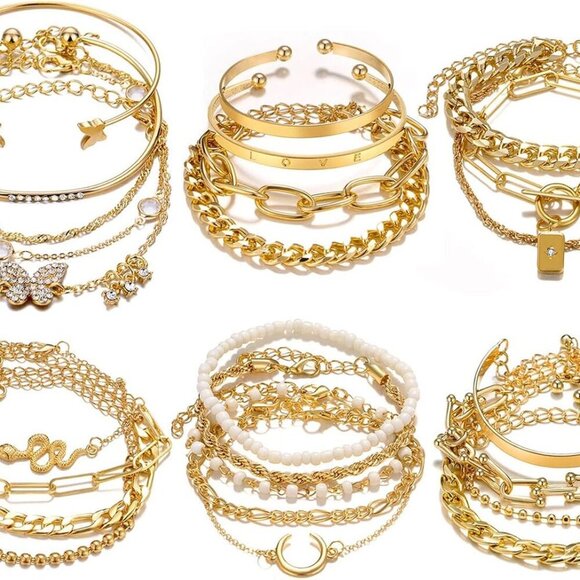 Jewelry - 24-25 Pcs 6 Pack 14K Gold Ankle Bracelets Set for Women Boho Stackable Bangles C
